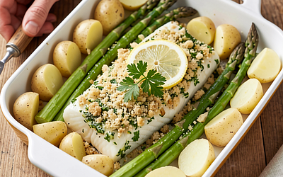 Baked cod with herbs, young potatoes, and asparagus