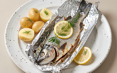 Baked trout in foil with lemon and dill
