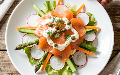 Smoked Salmon Salad with Young Vegetables and Dill-Lemon Dressing