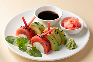 Zestaw sushi z wędzonym pstrągiem i marynowanym rabarbarem (fusion)