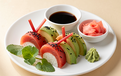 Sushi set with smoked trout and pickled rhubarb (fusion)