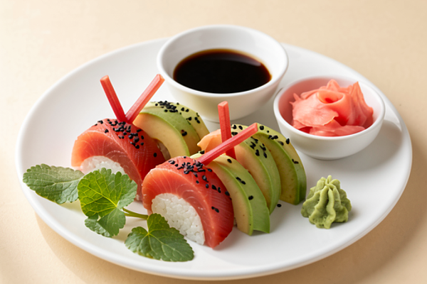 Zestaw sushi z wędzonym pstrągiem i marynowanym rabarbarem (fusion)