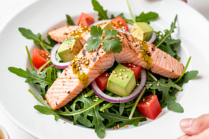 Fusion salad with grilled salmon and avocado