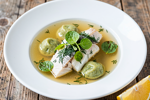Fish soup with dumplings and sorrel