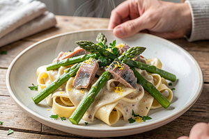 Makaron z sosem rybnym i szparagami (polska-nowoczesna)