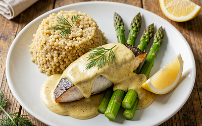 Trout in mustard sauce with spelt and asparagus