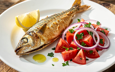 Fried mackerel with tomato salad