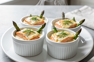 Salmon fillets in ramekins with young vegetables and creamy cream