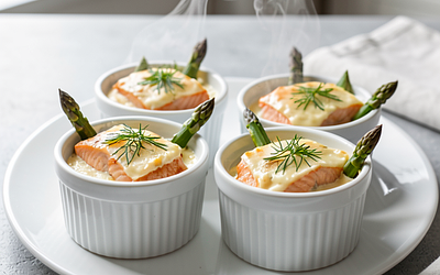 Salmon fillets in ramekins with young vegetables and creamy cream