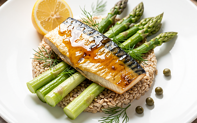 Mackerel in honey and mustard with spelt and young asparagus