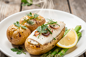 Baked potatoes with cod fillet and herbs (Polish traditional)