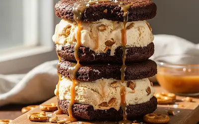 Ice Cream Brownie Sandwiches with Salted Caramel and Pretzels