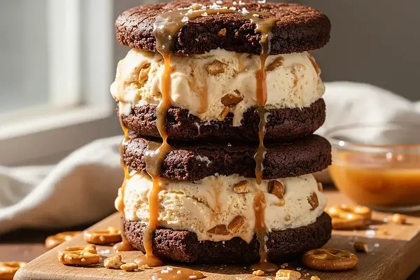 Lodowe Kanapki Brownie z Solonym Karmelem i Preclami