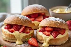 Fluffy Yeast Rolls with Custard Cream and Fresh Strawberries