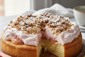 Fluffy Pudding Cake with Rhubarb Cloud and Crumble