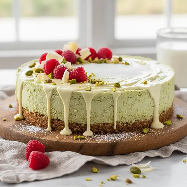 Creamy Pistachio Cheesecake with White Chocolate and Raspberries (No Bake)