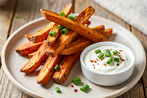 Sweet Potato Fries with Yogurt Sauce and Chives