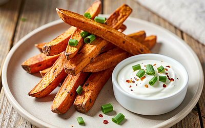 Sweet Potato Fries with Yogurt Sauce and Chives