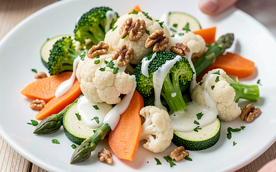 Warzywa na parze z sosem czosnkowym