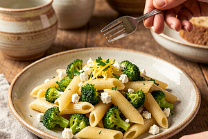 Makaron z brokułami i serem feta