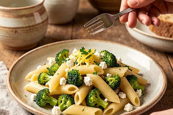 Makaron z brokułami i serem feta