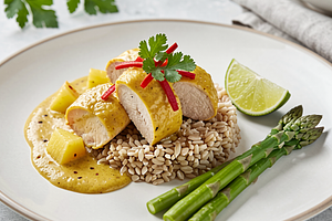 Turkey in curry sauce with pineapple and spelt
