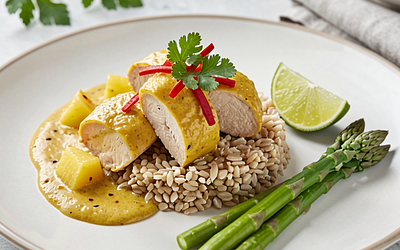 Turkey in curry sauce with pineapple and spelt