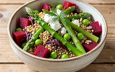 Spring Salad with Beet Greens, Green Asparagus, Young Peas, and Toasted Buckwheat