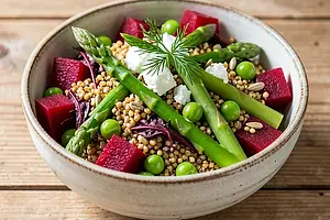 Spring Salad with Beet Greens, Green Asparagus, Young Peas, and Toasted Buckwheat