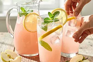 Rhubarb lemonade with apple peel essence and fresh mint