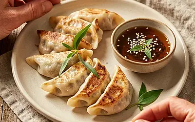 Gyoza with young cabbage and wild garlic, soy-dill sauce