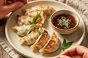 Gyoza with young cabbage and wild garlic, soy-dill sauce