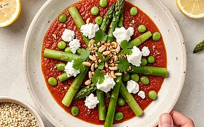Masala Punjabi with young broad beans, green asparagus, and fresh cheese