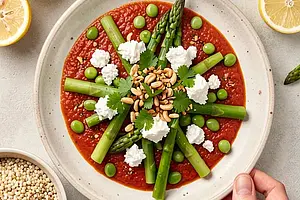 Masala Punjabi with young broad beans, green asparagus, and fresh cheese