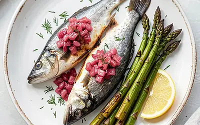 Baked Zander with Rhubarb Chutney and Young Asparagus