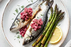 Baked Zander with Rhubarb Chutney and Young Asparagus