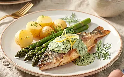 Masurian trout fried with sorrel-dill butter