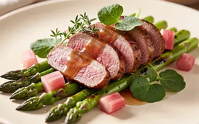 Duck breast with rhubarb-honey glaze and grilled asparagus