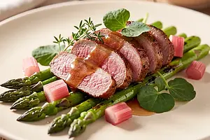 Duck breast with rhubarb-honey glaze and grilled asparagus
