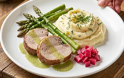 Pork tenderloin in sorrel sauce, mashed potatoes with dill