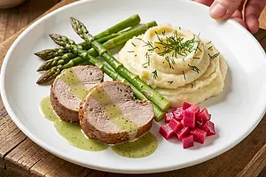 Pork tenderloin in sorrel sauce, mashed potatoes with dill