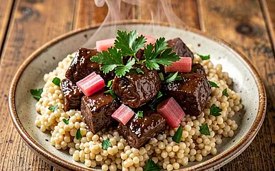 Wild boar goulash with rhubarb and pearl barley