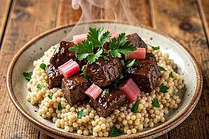Wild boar goulash with rhubarb and pearl barley