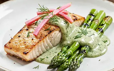 Trout fillet with grilled asparagus and sorrel dressing