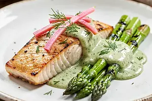 Trout fillet with grilled asparagus and sorrel dressing