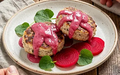 Minced pork cutlets with rhubarb-horseradish sauce and pickled beets