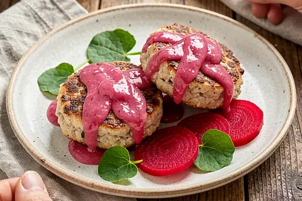 Kotlety mielone z łopatki, sos rabarbarowo-chrzanowy i buraczki marynowane