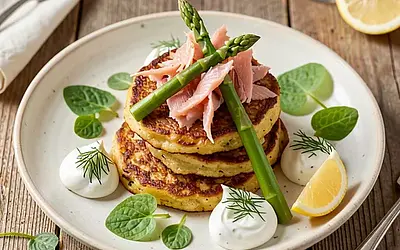Potato pancakes with smoked trout, asparagus, and sour cream