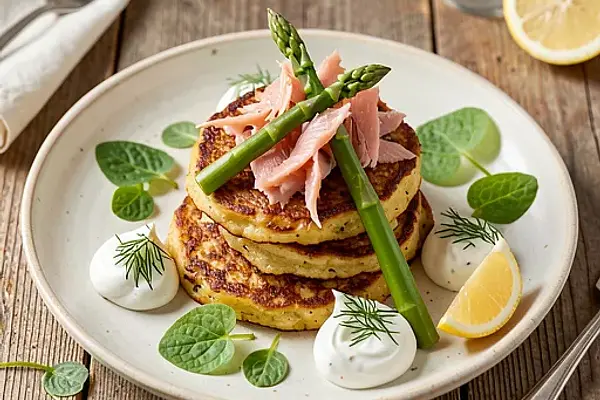 Placki ziemniaczane z wędzonym pstrągiem, szparagami i kwaśną śmietaną