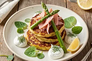 Potato pancakes with smoked trout, asparagus, and sour cream